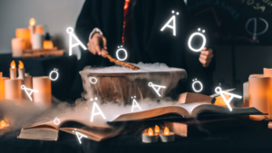 Magic Swedish Letters coming out of a wizard cauldron, surrounded by books